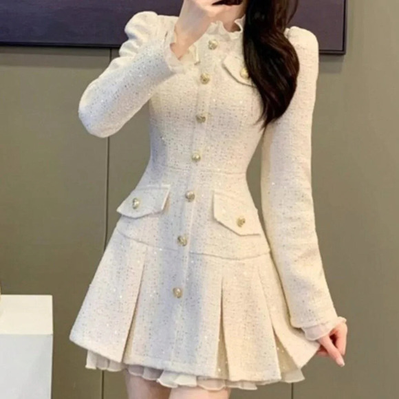 Apricot Elegant Women's Sequin Tweed Pleated Single Breasted Mini Dress - Picture 4 of 7